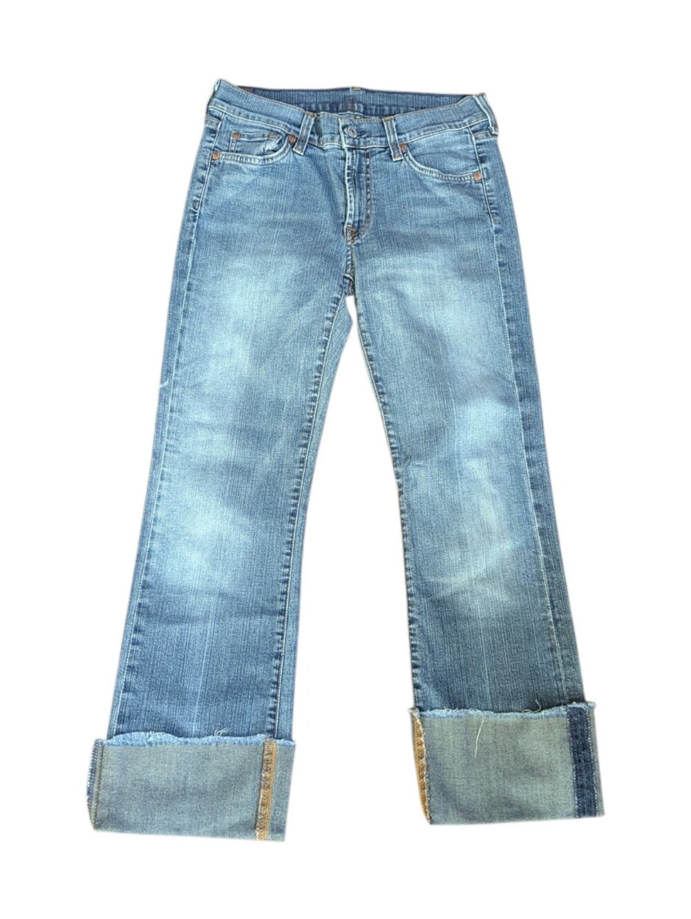7 For All Light Blue Denim Wide  Cuffed Low Rise Straight-Leg Relaxed Jeans W28